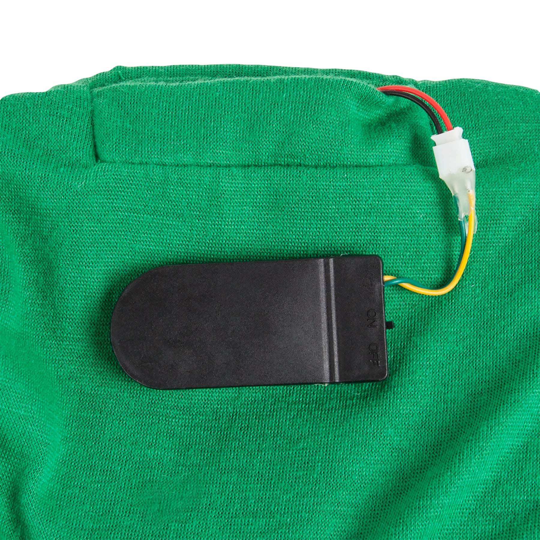 Green pet hoodie sweater with attached LED power module and wire close-up