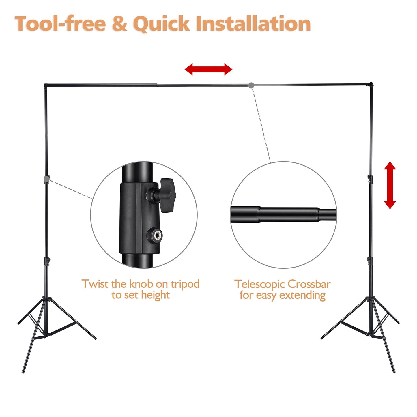 Photography background stand tripod frame with twist knob height adjust and telescopic bar.