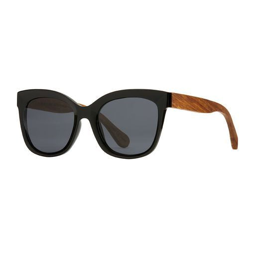 NORA polarized sunglasses with black frames and dark tinted lenses, cat-eye style