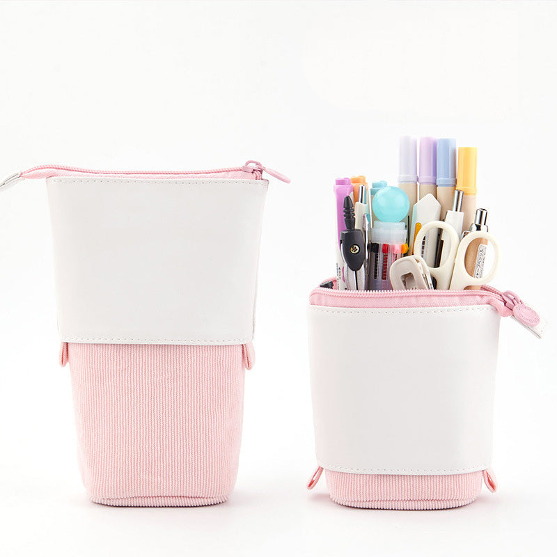 White-and-pink telescopic pen holder pencil case with zipper top and ribbed bottom