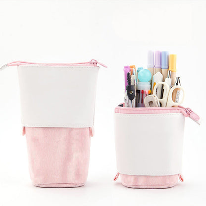 White-and-pink telescopic pen holder pencil case with zipper top and ribbed bottom