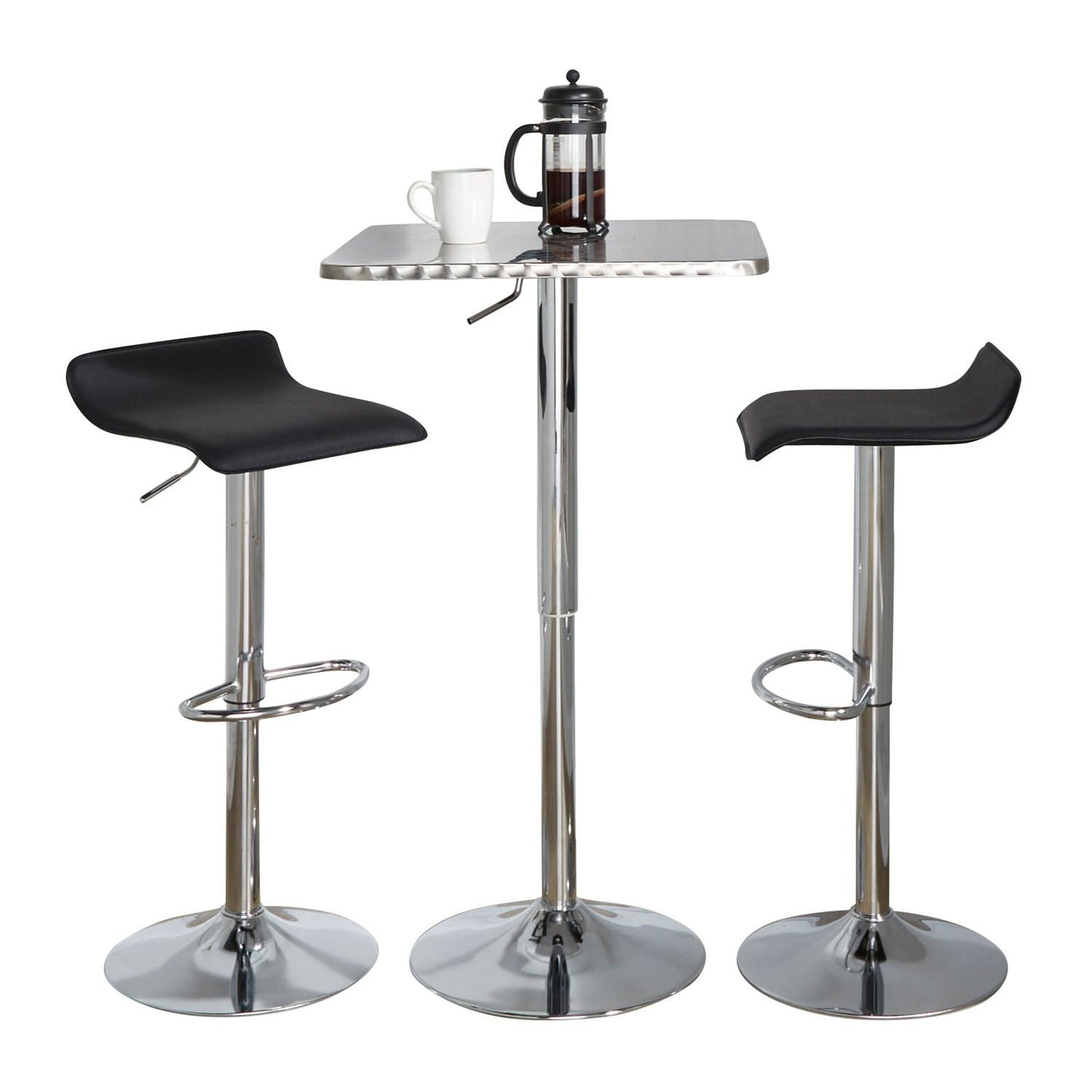 Bistro Square-Ale Contemporary Adjustable Bar Set in Silver and Chrome Metal with Black PVC and Oval Footrest by - 3 Piece