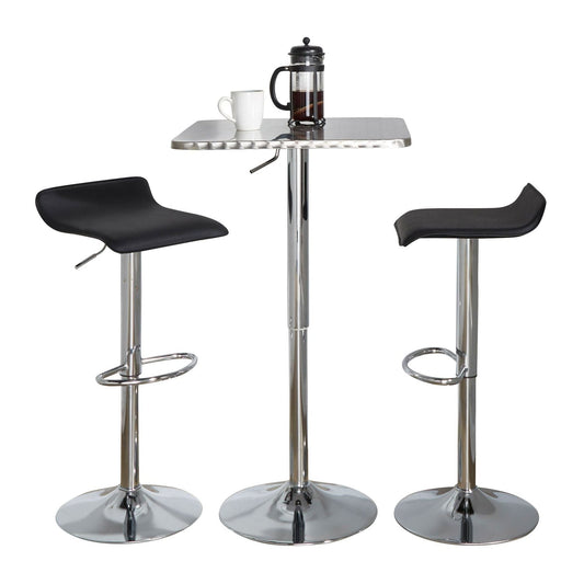 Bistro Square-Ale Contemporary Adjustable Bar Set in Silver and Chrome Metal with Black PVC and Oval Footrest by - 3 Piece