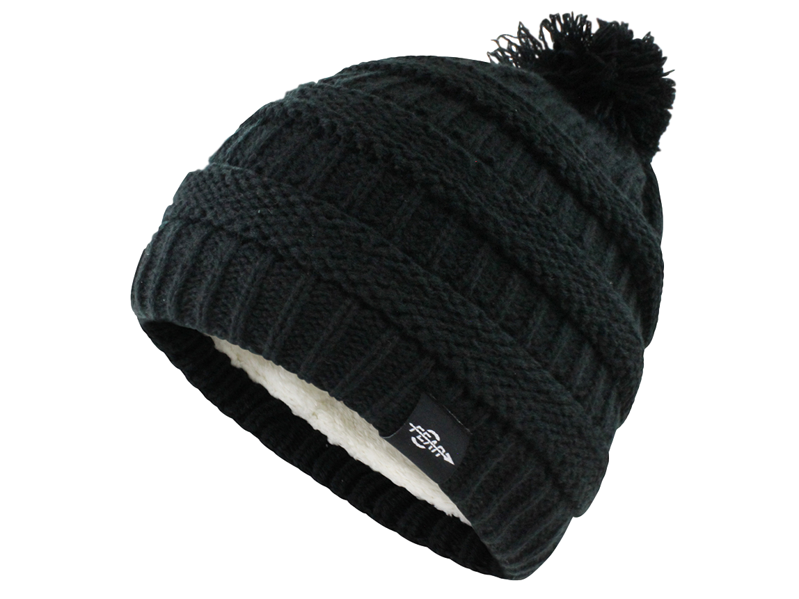 Cable knit beanie hat with dark faux-fur pom-pom and white plush lining