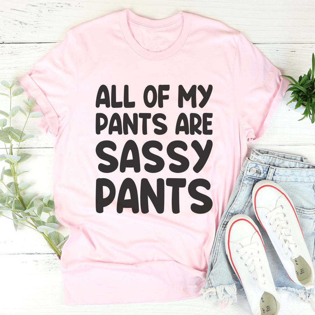 Light pink crewneck T-shirt with 'ALL OF MY PANTS ARE SASSY PANTS' text graphic