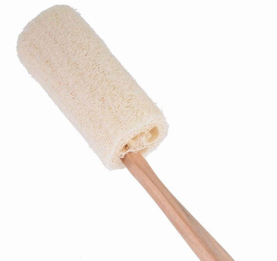 Natural loofah bath brush pad with wooden handle end