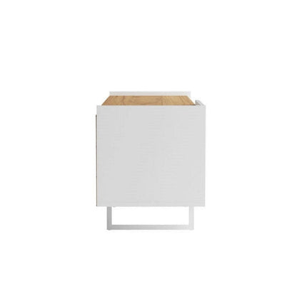 White TV stand end panel with cinnamon top and side support legs