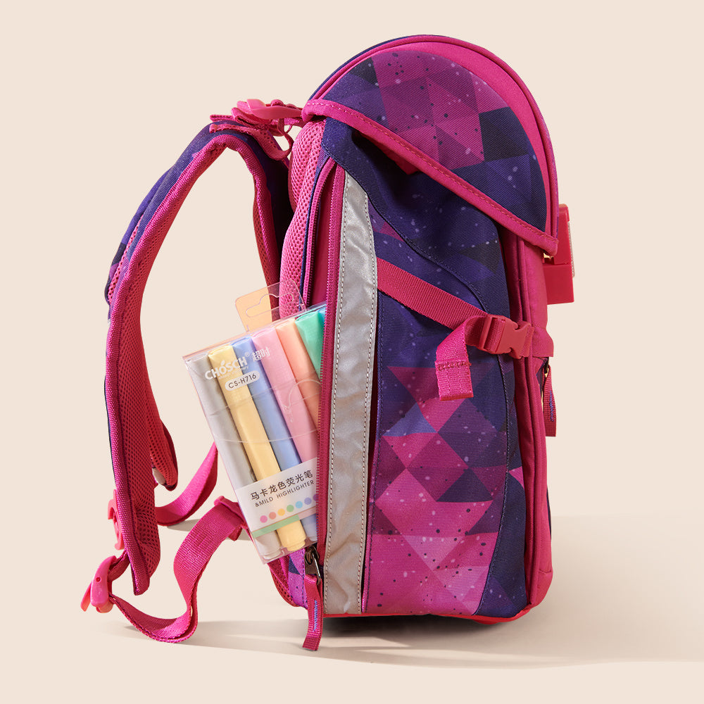 Children's pink school backpack with side pocket holding stationery items