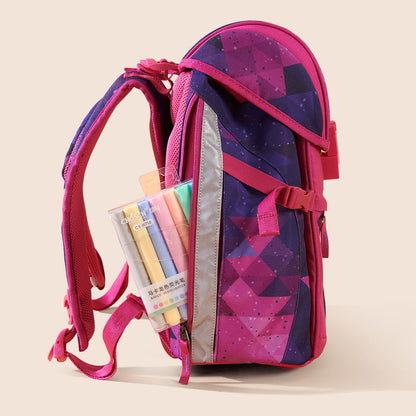 Children's pink school backpack with side pocket holding stationery items