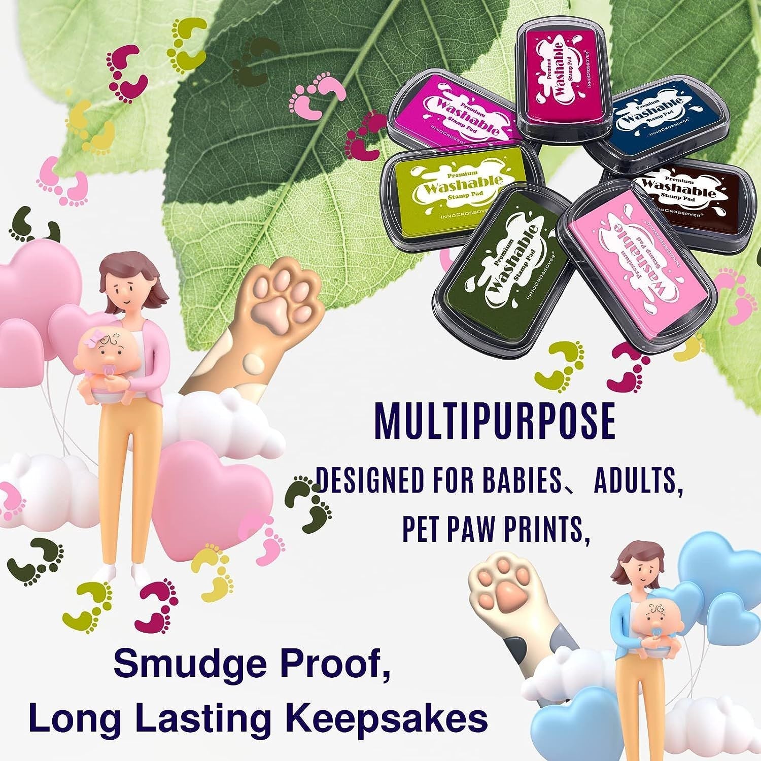 Washable ink stamp pad set with multicolor lids for stamping and handprints