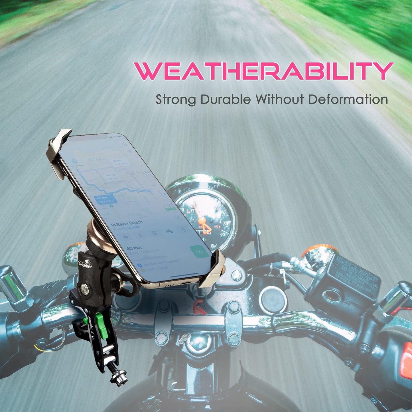 Weather-ready handlebar phone mount with adjustable clamp holding a smartphone