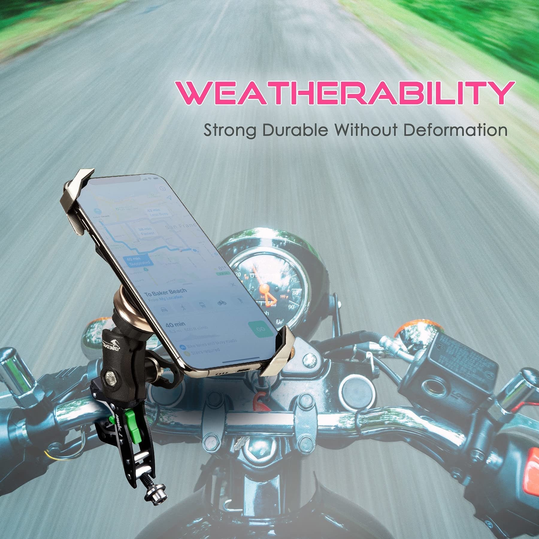 Weather-ready handlebar phone mount with adjustable clamp holding a smartphone