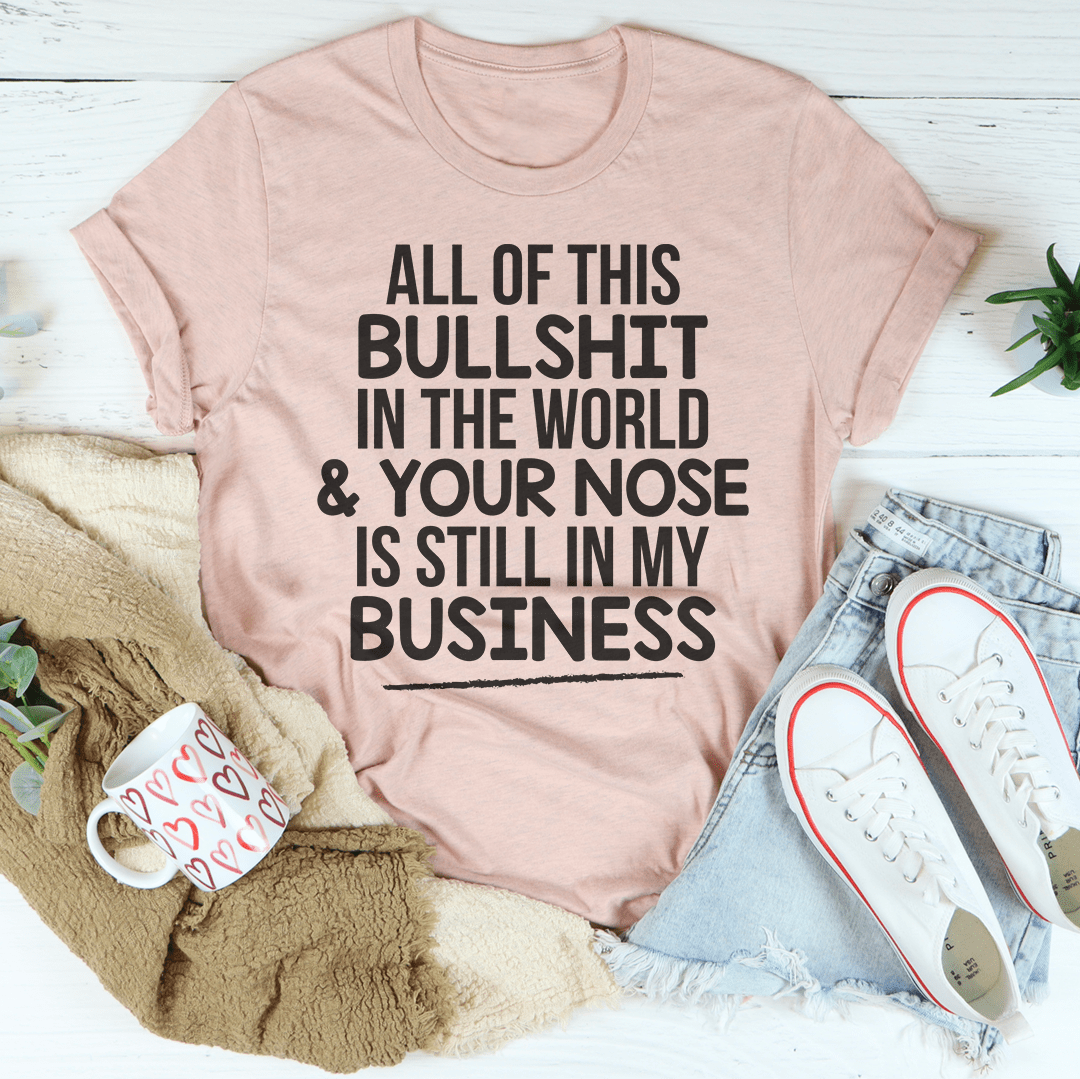 Mauve t-shirt with bold black slogan print, crew neck short sleeves