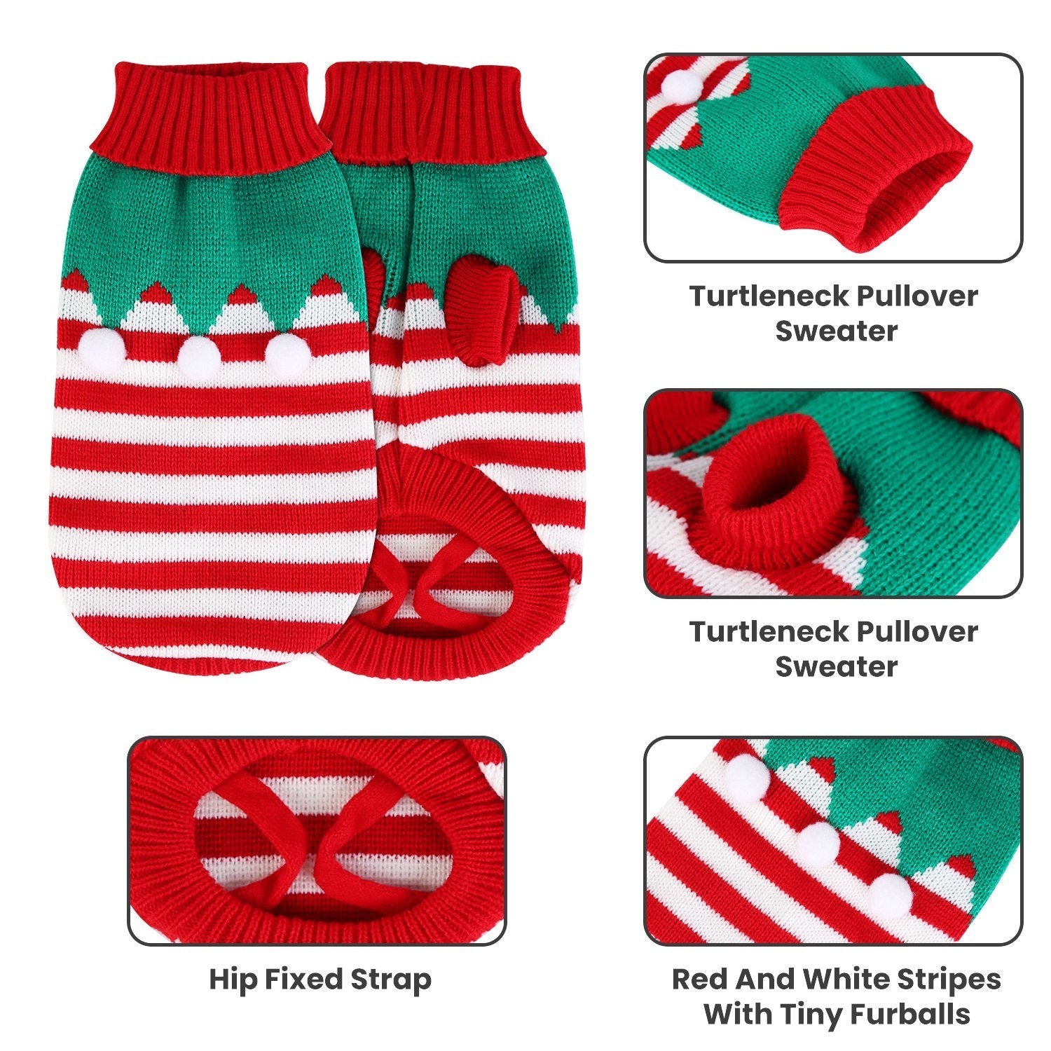 Pet Christmas turtleneck sweater with red-and-white stripe bands and green knit sleeves