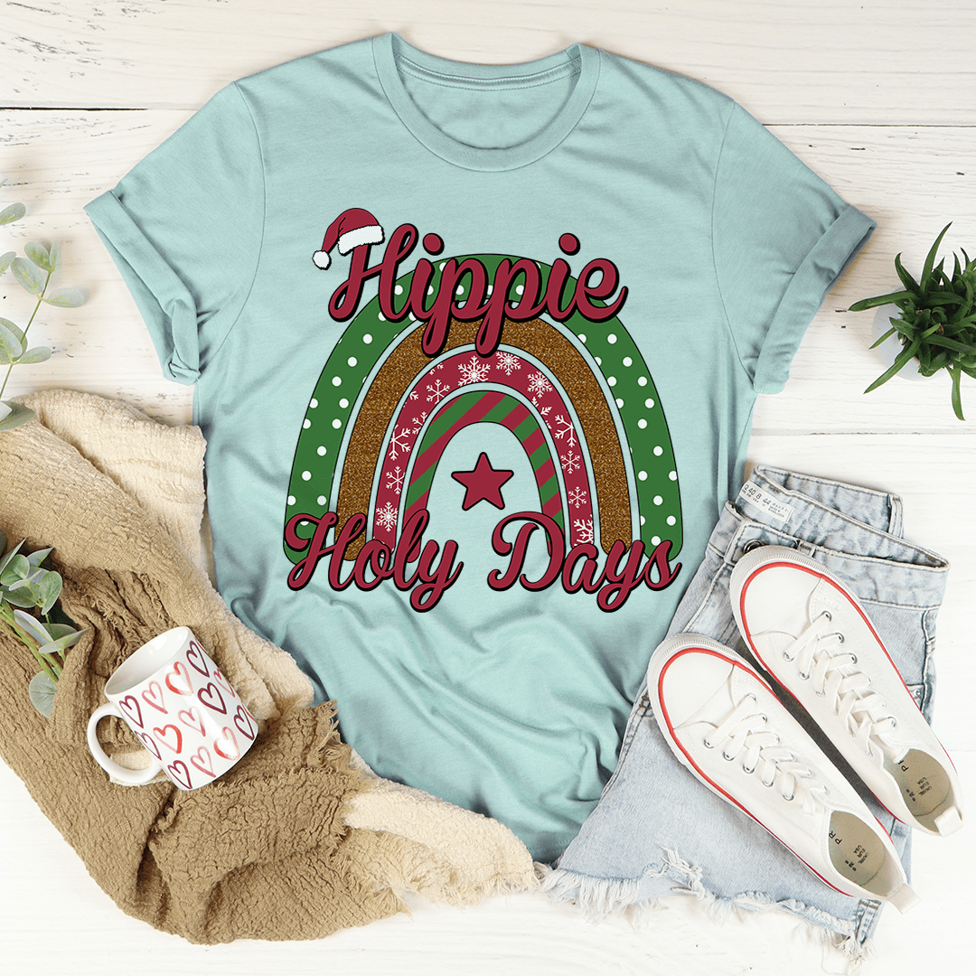Teal crewneck T-shirt with 'Hippie Holy Days' rainbow arch front graphic