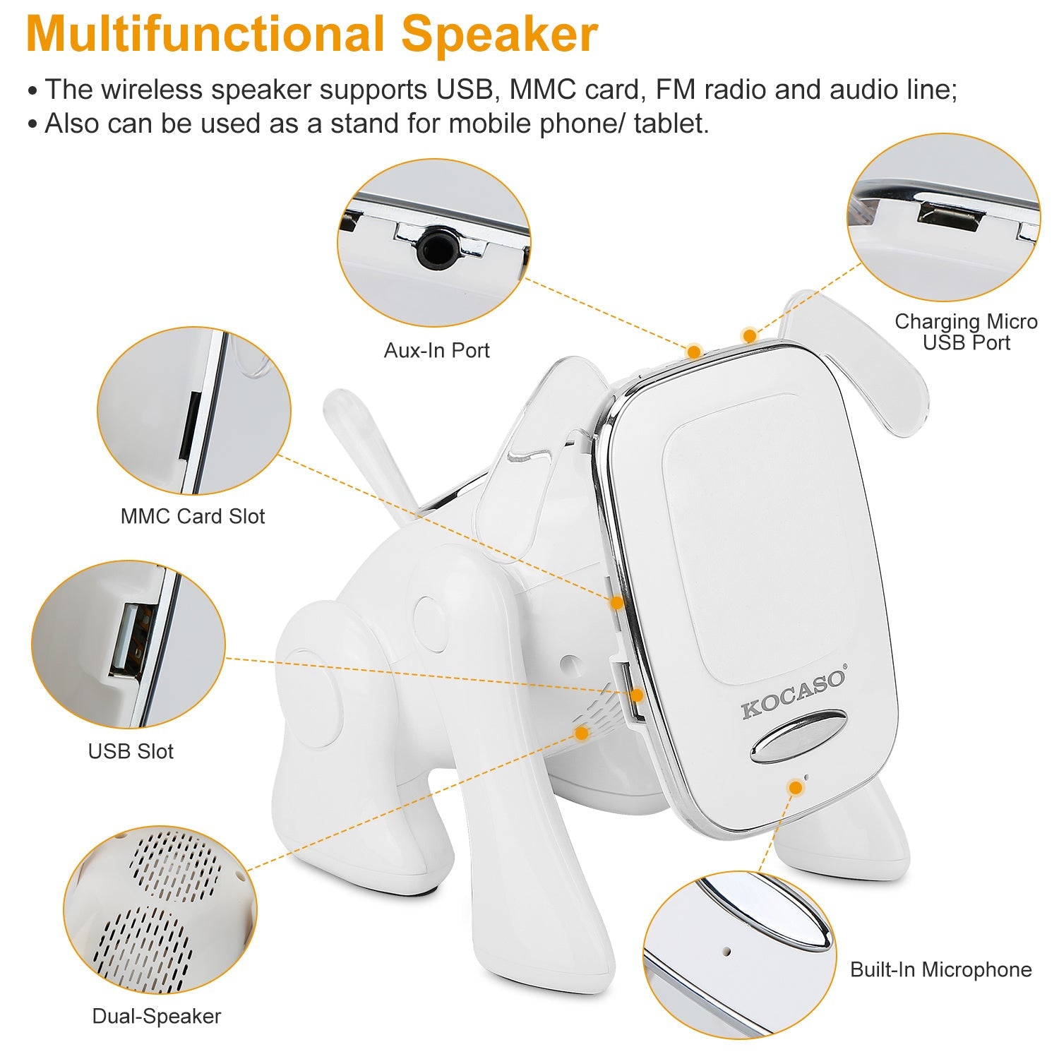 White puppy-shaped wireless speaker showing USB and MMC card slots and aux-in port