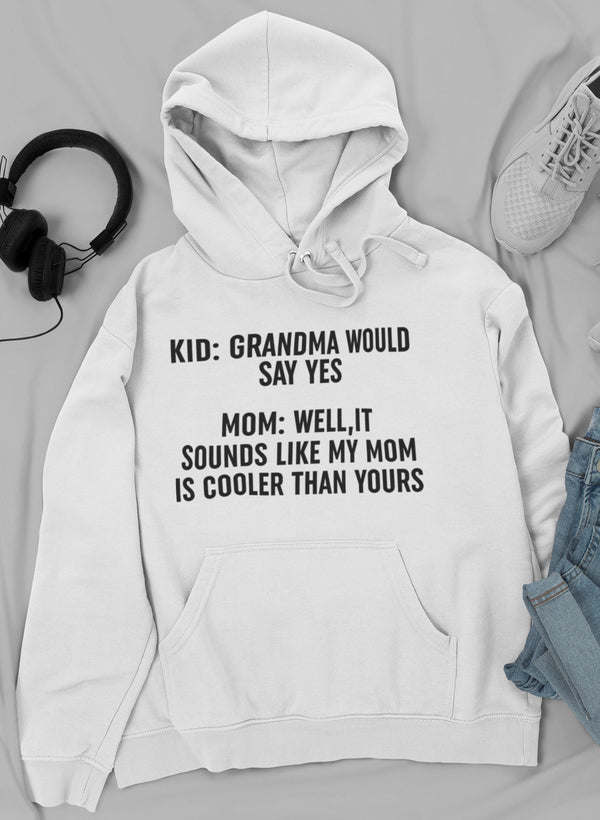 Light-colored pullover hoodie with kangaroo pocket, drawstring hood, printed quote front