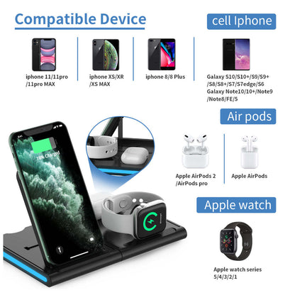 Black 4-in-1 wireless charging station dock with phone cradle, watch pad, and earbud dock