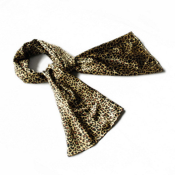 Gold leopard-print satin scarf with tied bow, small wrap/shawl