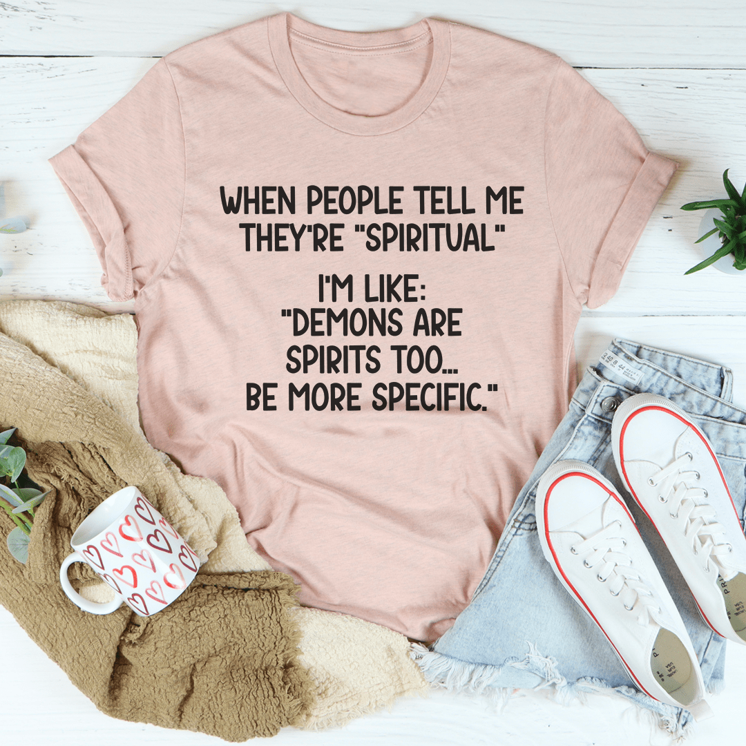 Soft peach graphic quote T-shirt, crew neck, short sleeves, “spiritual” front lettering
