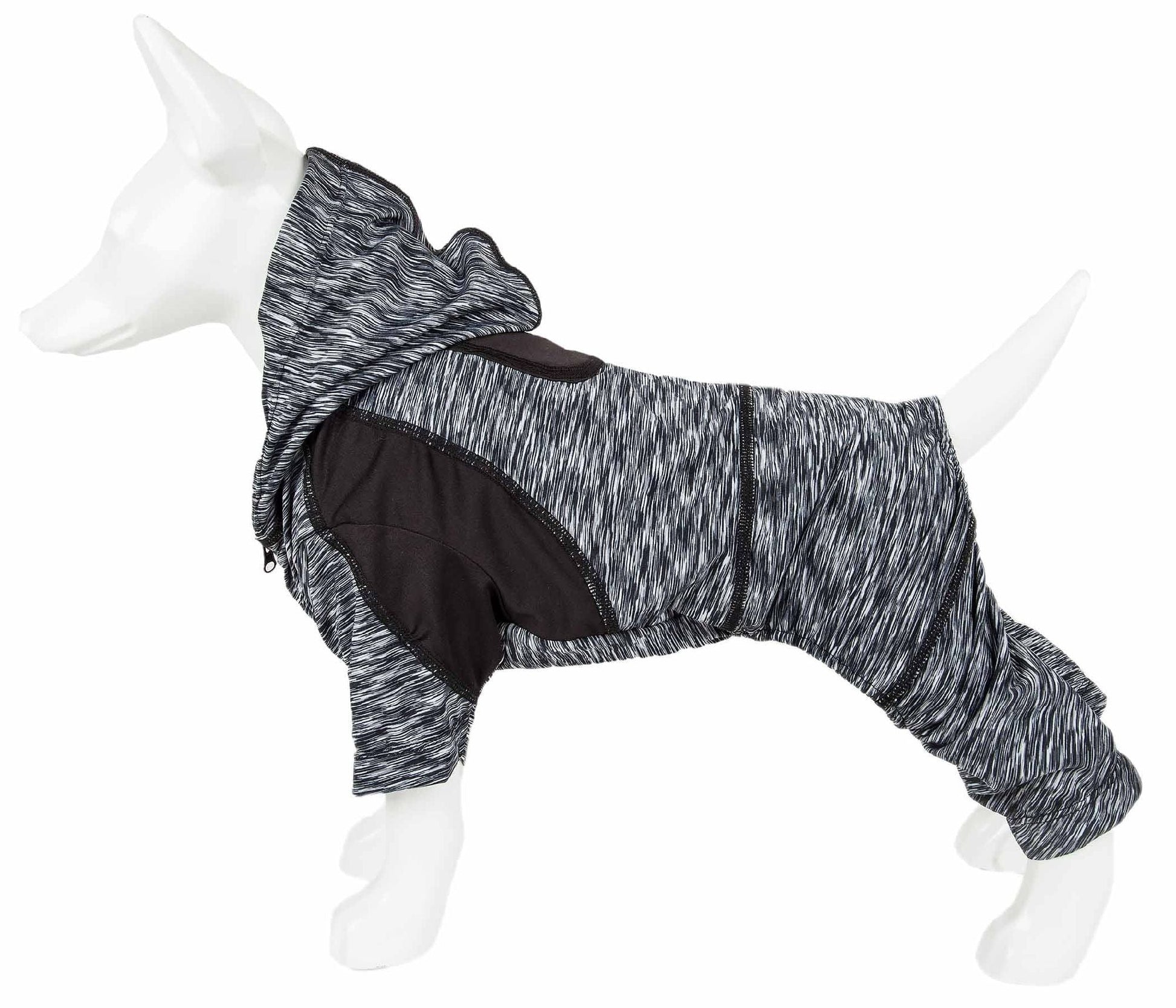 Heathered dog hoodie with black side panels and hood; full-body coverage with leg openings