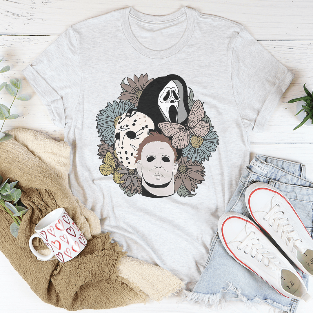 Light gray boys floral graphic T-shirt with three skull-face portraits front print