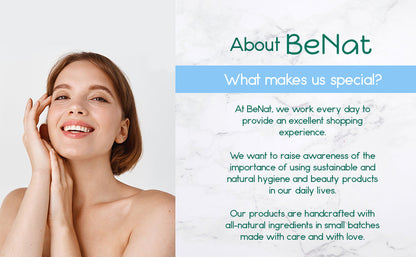 BeNat about card with smiling woman portrait beside face roller information