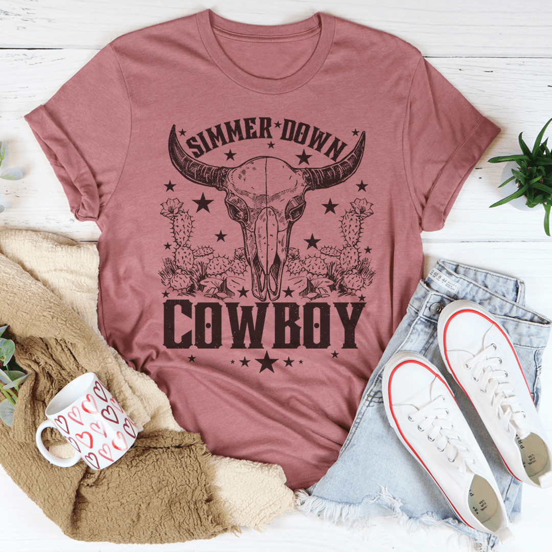 Mauve cowboy graphic T-shirt with steer skull and star print
