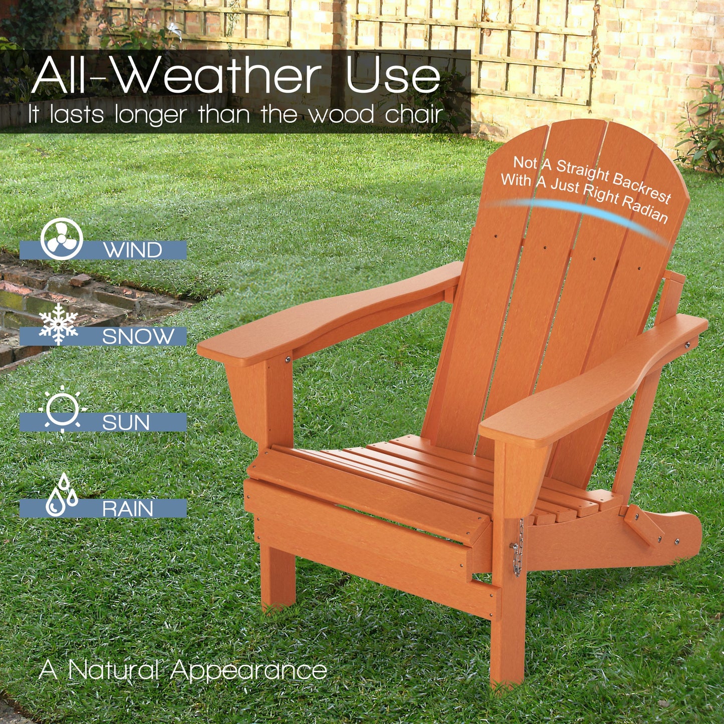 Folding Adirondack chair, orange wood-look backrest and contoured armrests