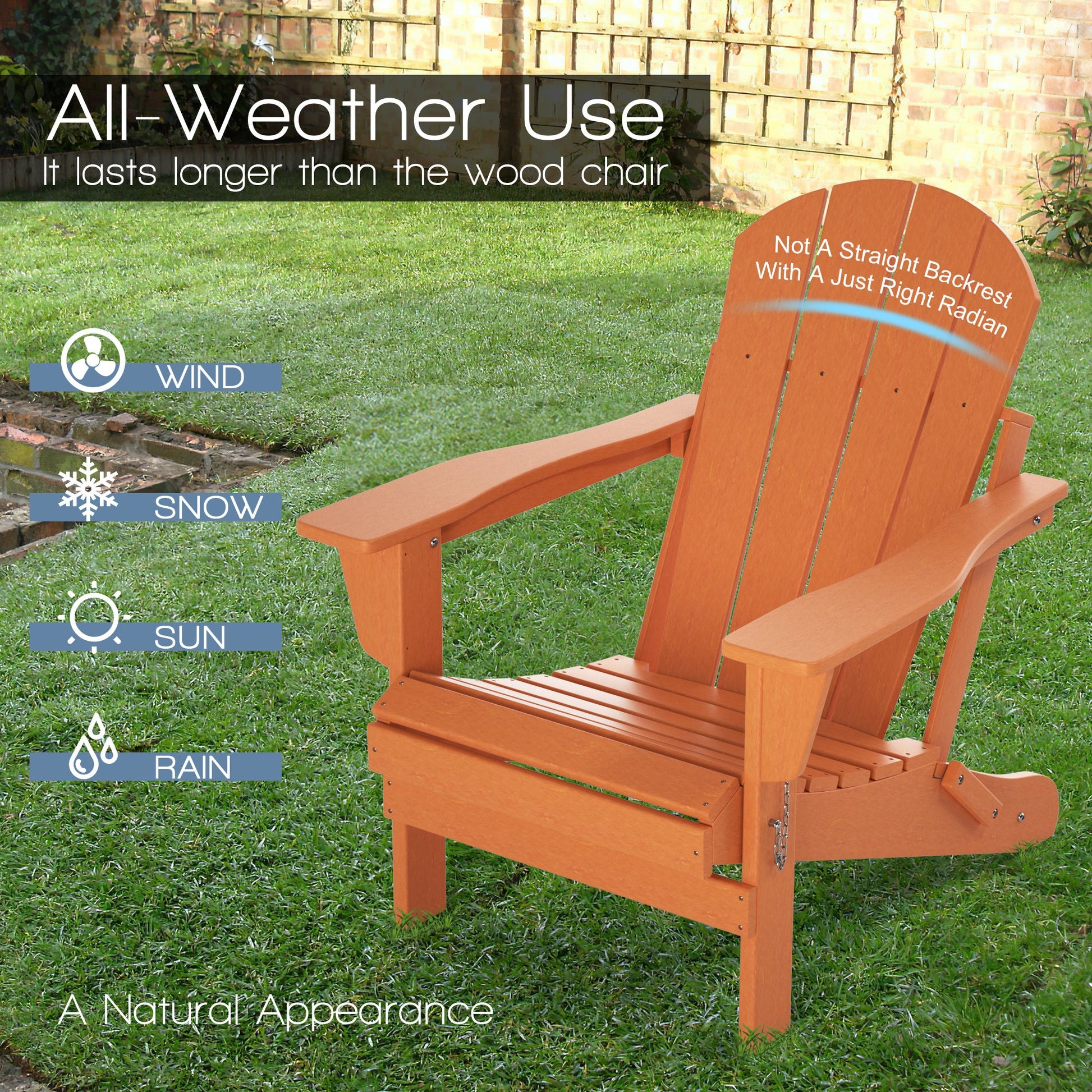 Folding Adirondack chair, orange wood-look backrest and contoured armrests