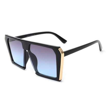 Women’s square oversize sunglasses, black frame with purple-tinted mirrored lenses