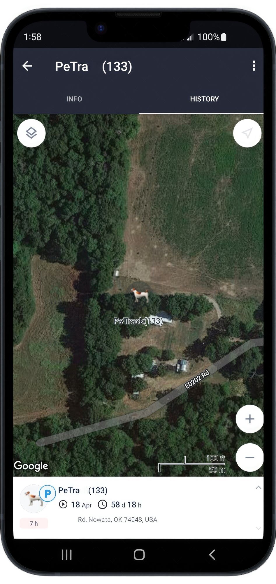 Smartphone showing satellite location view for a pet GPS tracker
