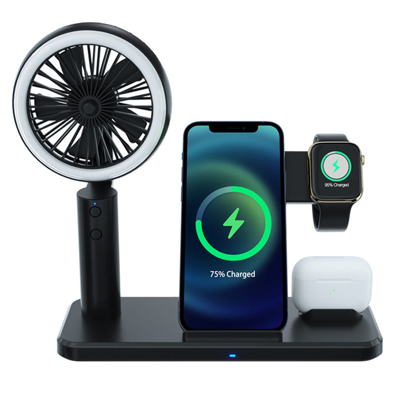 Black wireless charging dock with fan, phone stand, and smartwatch charger