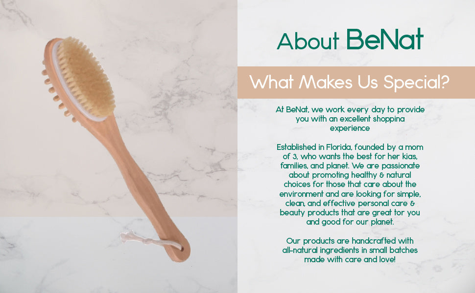 Wooden bath massage brush with oval tan bristle head and hanging cord loop