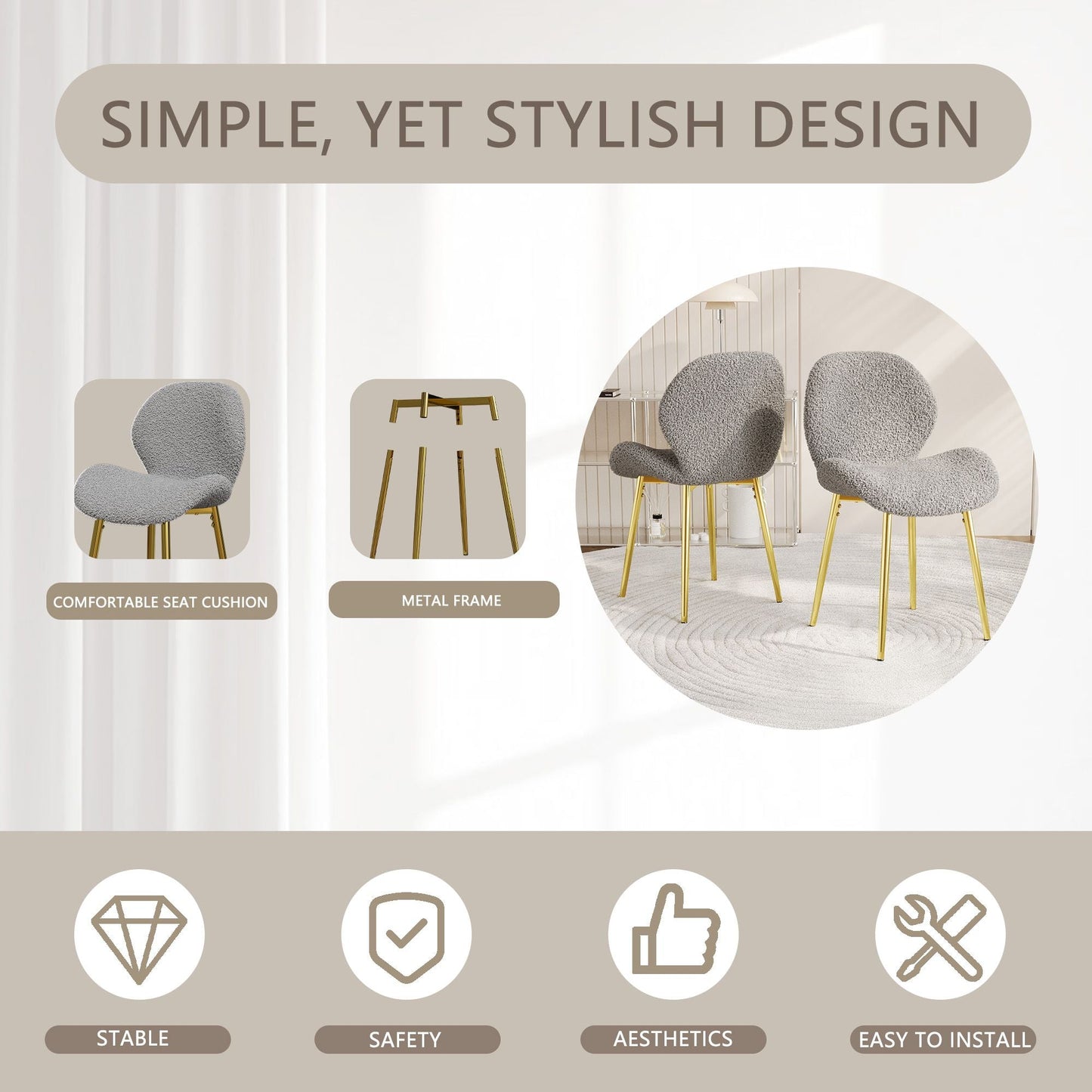 Modern minimalist white teddy velvet Dining Chairs Set of 2 with sturdy gold metal legs and comfortable backrest design, suitable for restaurants, kitchens, and offices.