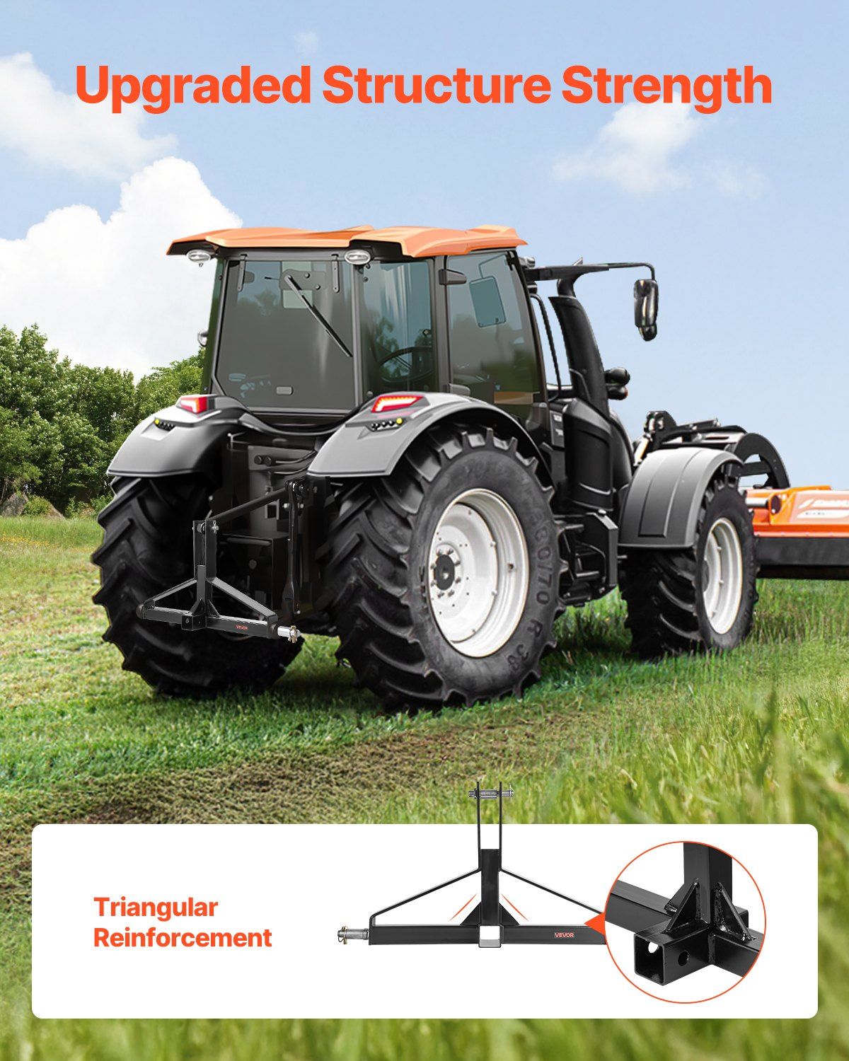 VEVOR 3-point trailer hitch on tractor, black steel frame with tow drawbar receiver