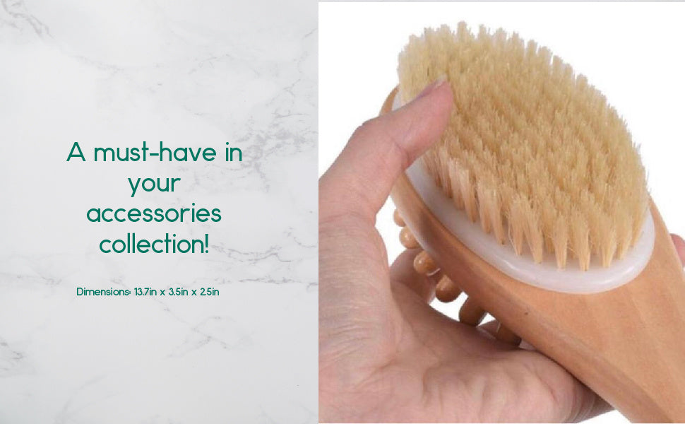 Handheld bath massage brush head with tan bristles on curved wooden backing