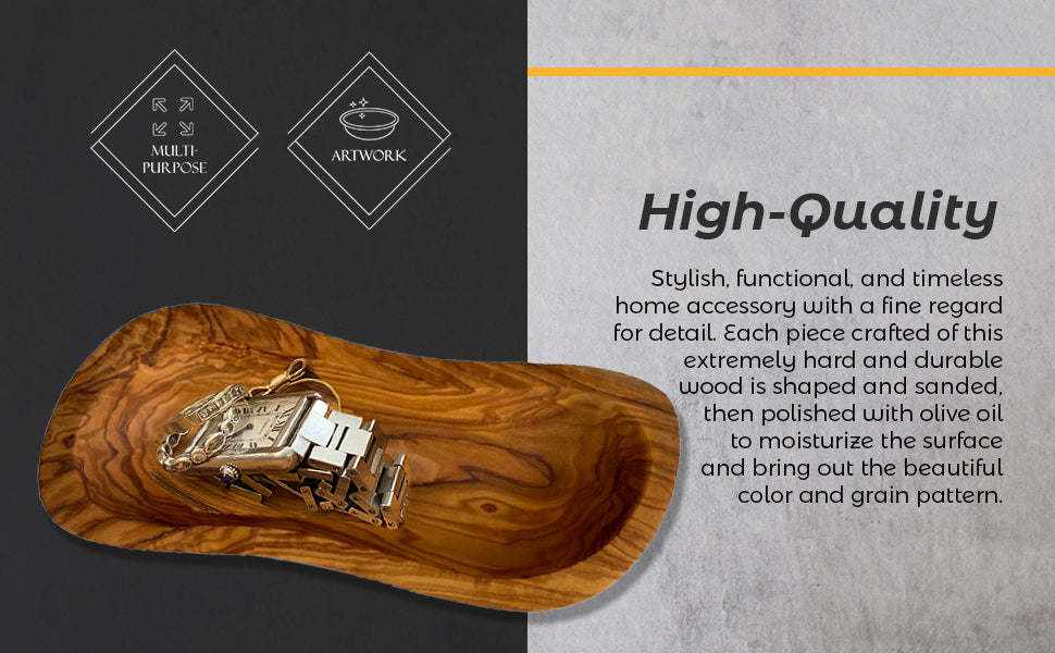 Olive wood multi-purpose bowl with smooth shallow interior and flowing grain.