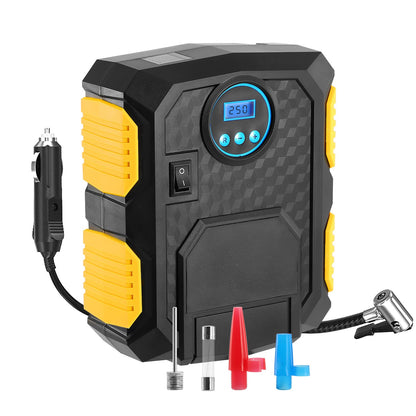 12V tire inflator air compressor pump with blue backlit LCD and yellow/black housing