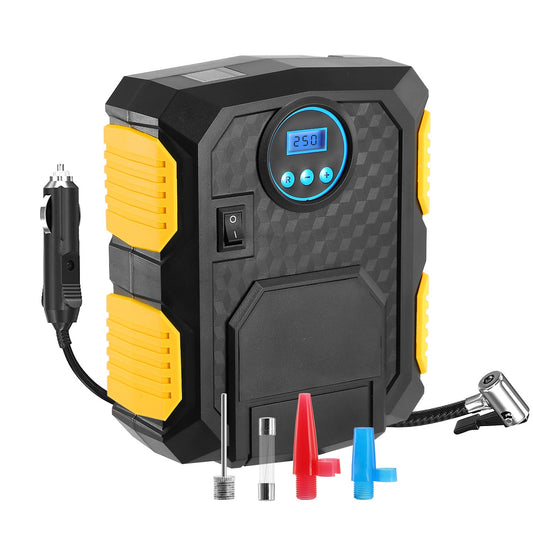12V tire inflator air compressor pump with blue backlit LCD and yellow/black housing