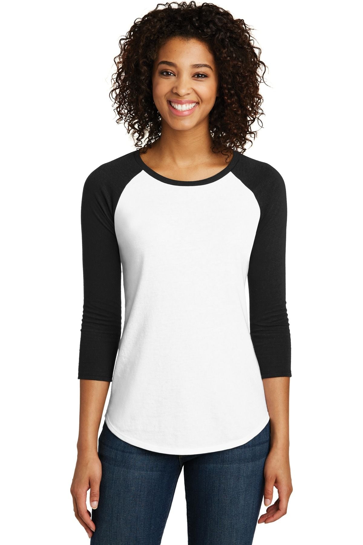 Women’s fitted raglan 3/4-sleeve tee in black and white, crew neck