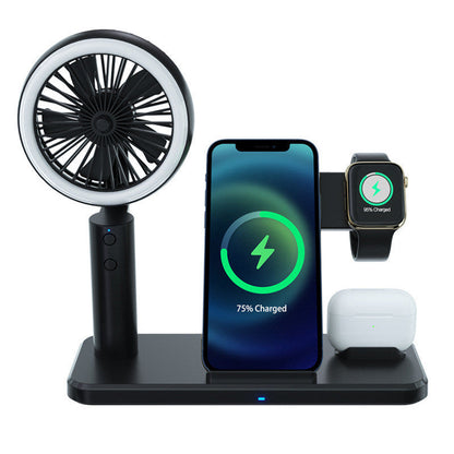 Black wireless charging dock with standing fan, phone cradle, and smartwatch charger