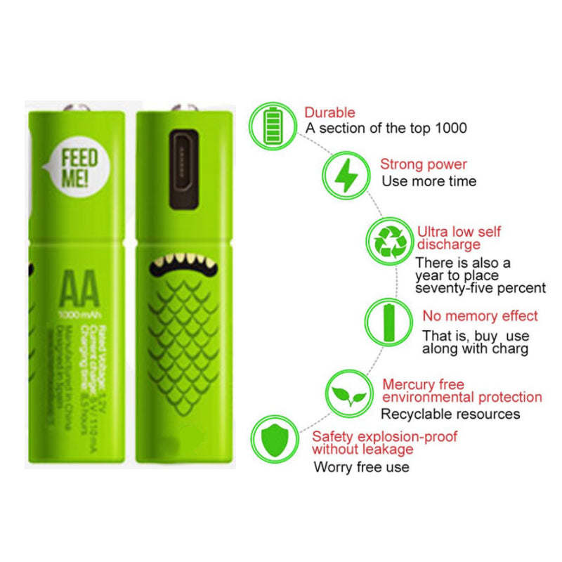 Green rechargeable AA battery pack, two batteries with AA label and patterned sides