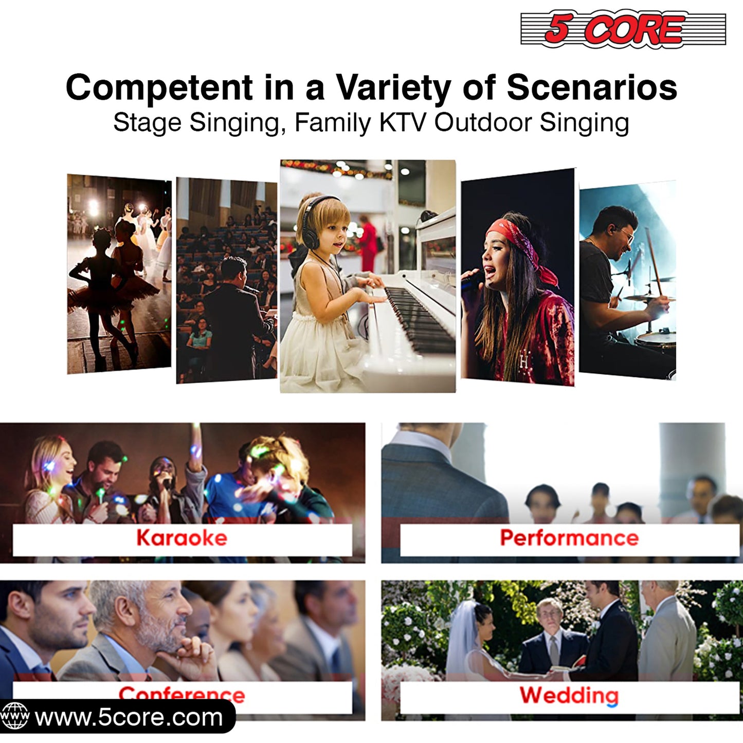 Handheld microphone in karaoke, performance, and wedding scenario collage