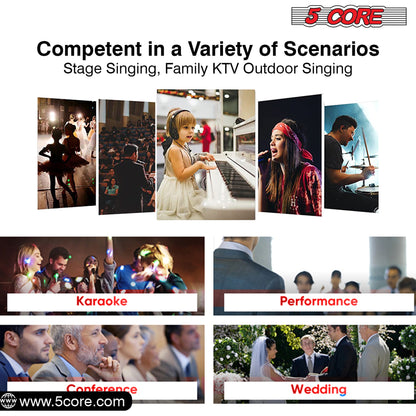 Handheld microphone in karaoke, performance, and wedding scenario collage