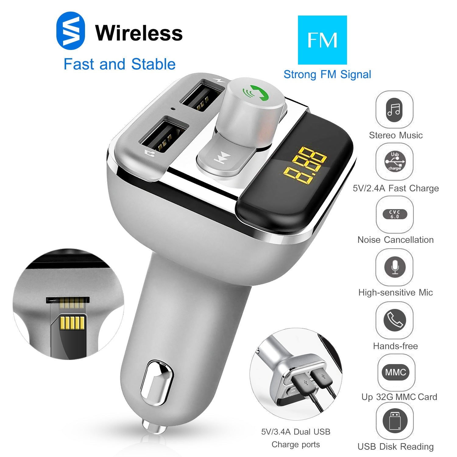 Car FM transmitter with dual USB ports and LED number display, silver and black body