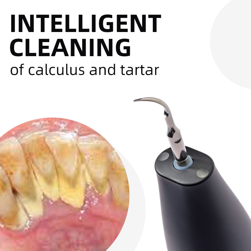 Black electric dental plaque remover with curved tip for targeted cleaning