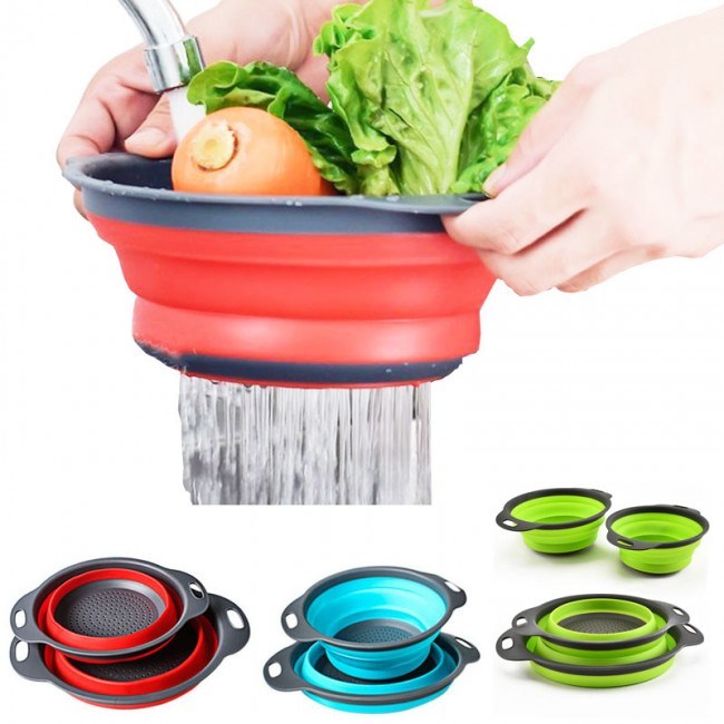 Collapsible silicone colander set of 2: folded strainers in red, blue, and green tones