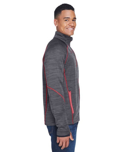 Charcoal bonded fleece jacket with red zipper and trim, side view