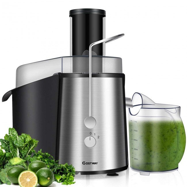 Electric centrifugal juice extractor with tall feed tube and speed control on stainless base
